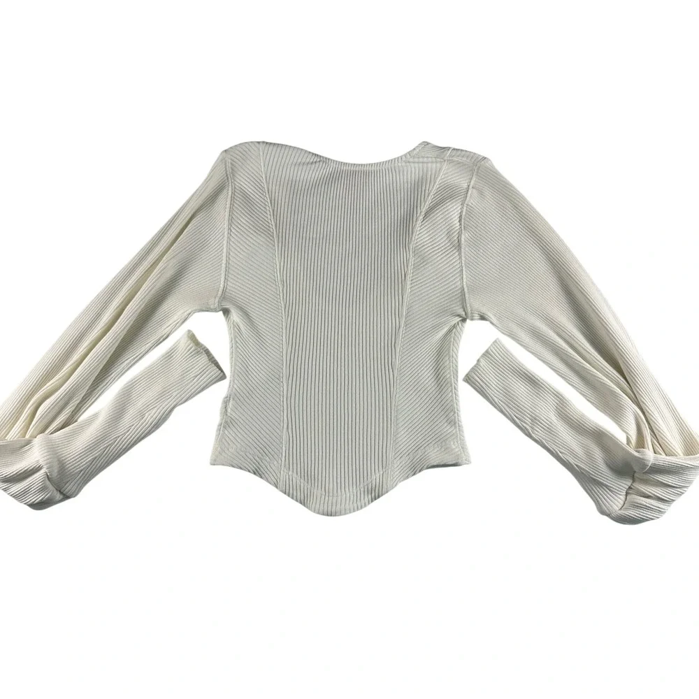 Free People White Ribbed Knit Scoop Neck Corset Top Long Sleeve Wide Cuff Small